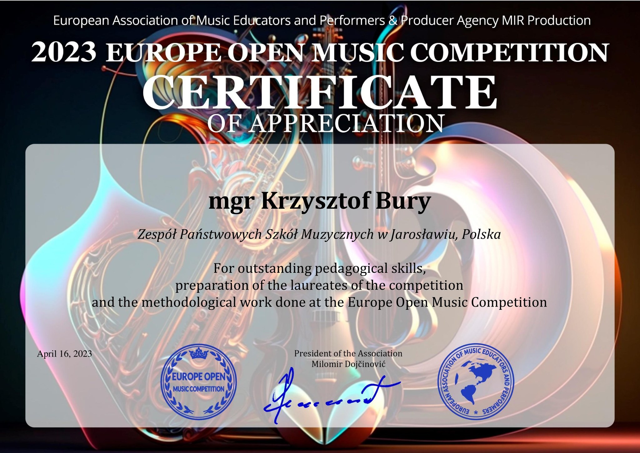 Dyplom dla mgra Krzysztofa Burego World Open Online Music Competition oraz Europe Open Music Competition w Belgradzie - 16 kwietnia 2023 r.