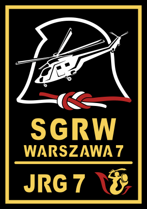 Logo w kształcie czarnej tarczy ze złotym konturem. W górnych narożnikach znajduje się flaga Polski oraz złota sylwetka Syrenki Warszawskiej. Centralną część loga tworzy biały kontur hełmu strażackiego wraz z węzłem ósemką biało-czerwoną oraz biała sylwetka śmigłowca. Wokół jest napis Jednostka Ratowniczo-Gaśnicza JRG 7 Warszawa.