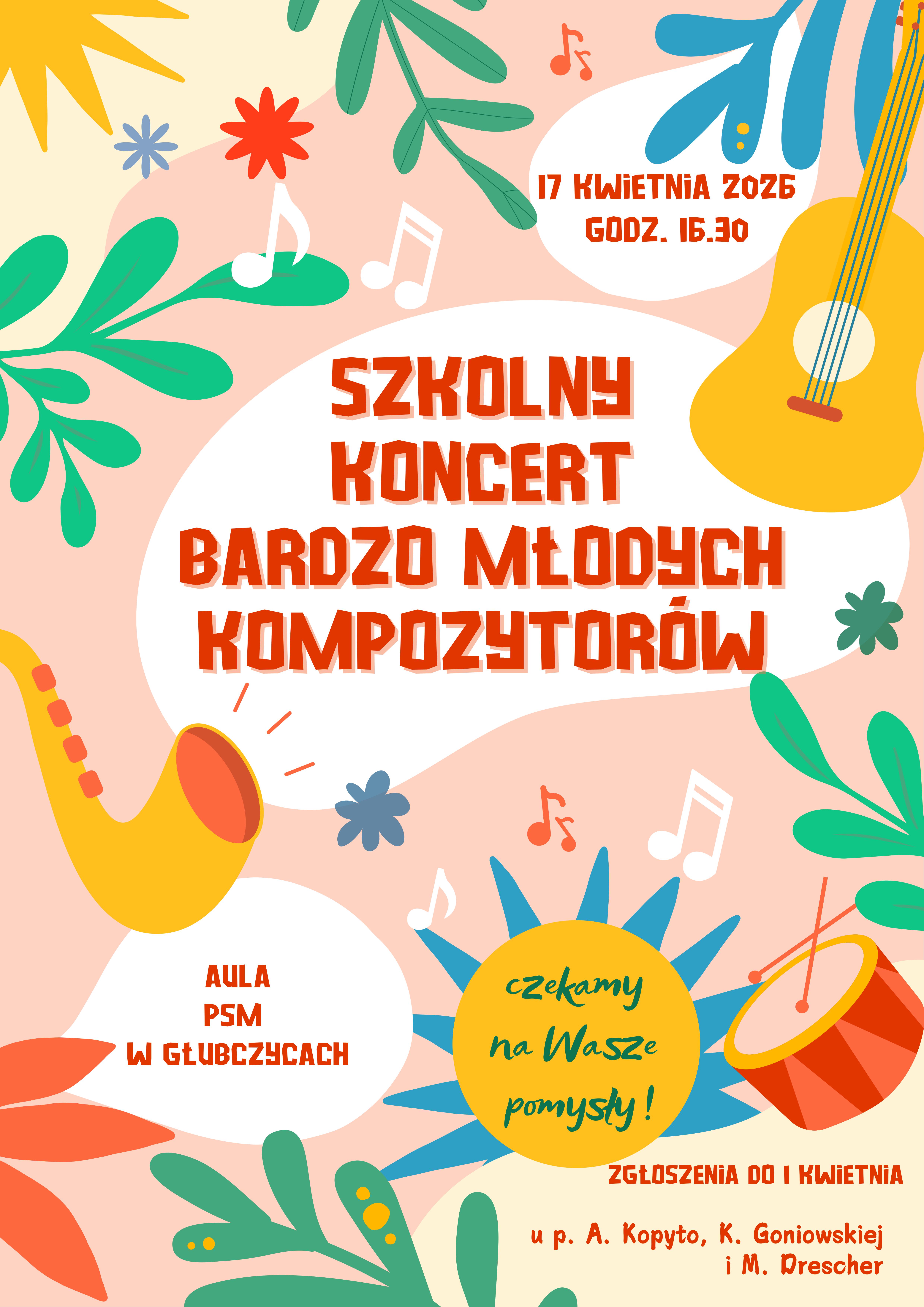 Koncert Bardzo Młodych Kompozytorów 17 kwietnia 2026 r, aula PSM w Głubczycach