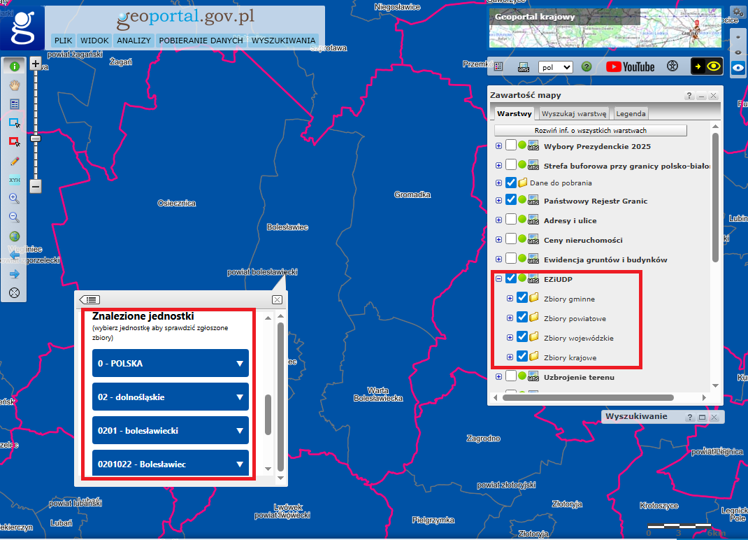 Dostępność ewidencji zbiorów i usług danych przestrzennych z poziomu geoportalu krajowego.