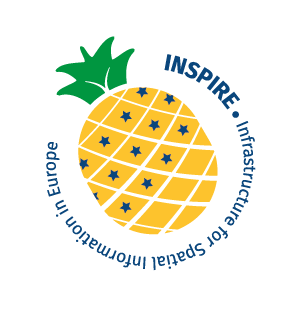 Logo INSPIRE: żółty ananas z trzema rzędami niebieskich gwiazdek. Na górze zielona korona ananasa. Wokół napis: INSPIRE - Infrastructure for Spatial Information in the Europe.