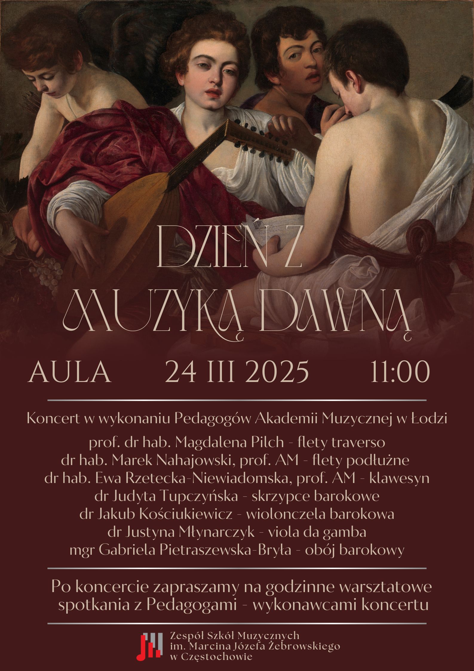 Brązowe tło z grafiką przedstawiającą ludzi z epoki baroku, tekst dotyczący Dnia z muzyką dawną 24 marca 2025 r.