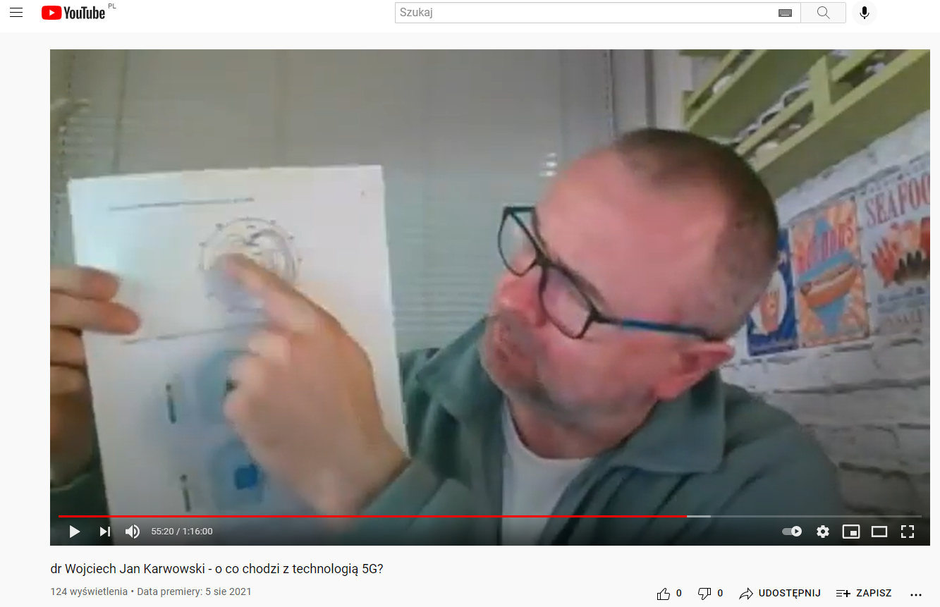 Zdjęcie przedstawia zrzut ekranu z serwisu YouTube, na którym dr Wojciech Jan Karwowski tłumaczy "O co chodzi z technologią 5G".
