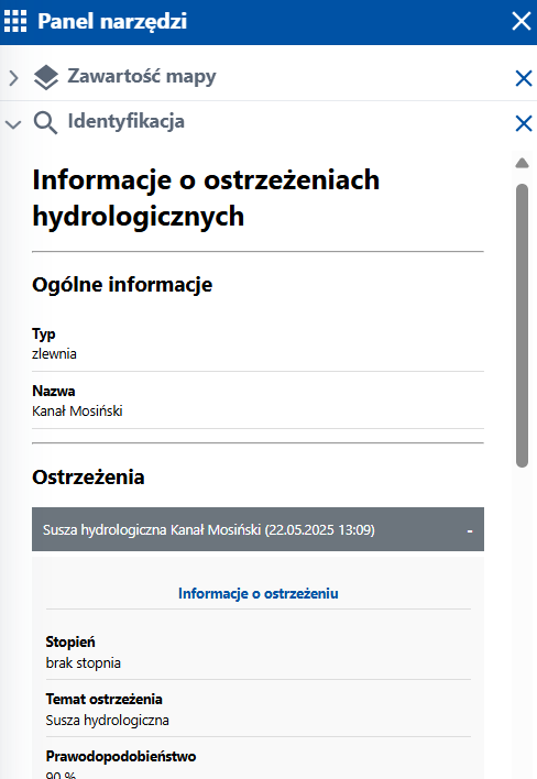 zrzut ekranu z serwisu www.geoportal.gov.pl przedstawiający informacje o ostrzeżeniach hydrologicznych