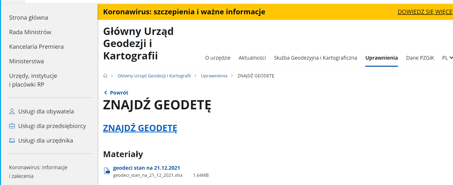 Ilustracja przedstawia zrzut z ekranu serwisu gov.pl zakładka GUGiK, skąd można pobrać rejestr geodetów uprawnionych.
