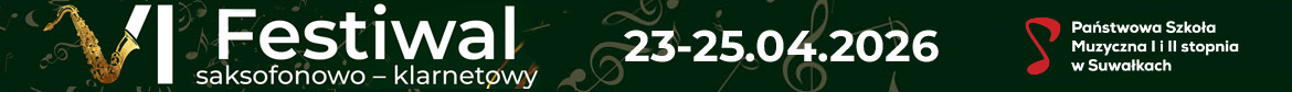 Baner reklamowy VI Festiwalu saksofonowo-klarnetowego. Napisy na zielonym tle. Elementy graficzne to nuty.