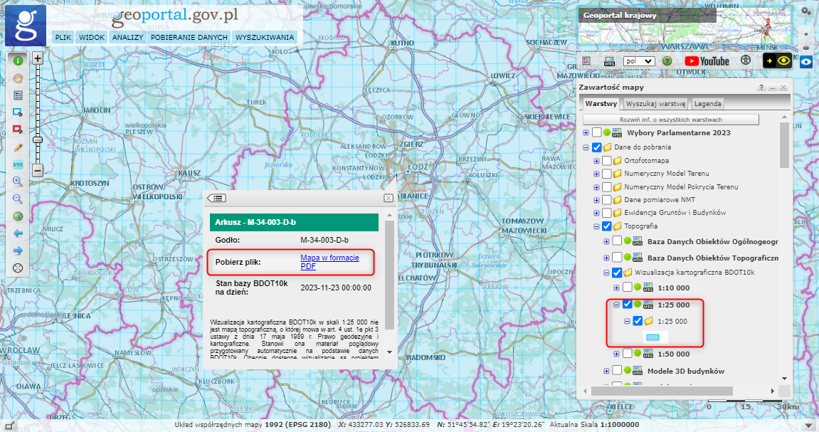 Ilustracja przedstawia zrzut ekranu z serwisu www.geoportal.gov.pl prezentujący sposób pobierania wizualizacji kartograficznych BDOT10k.