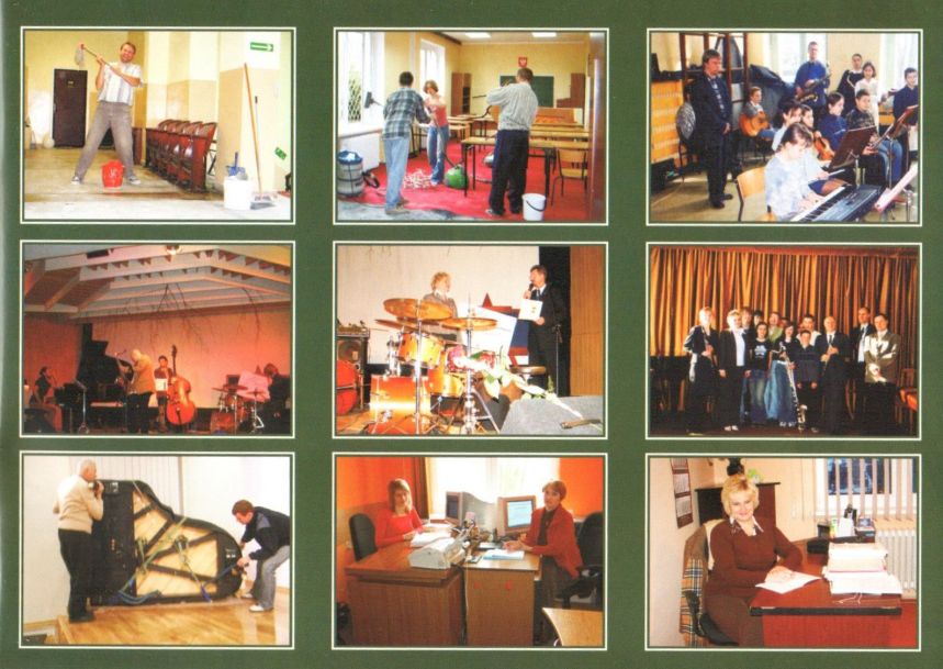 Na zielonym tle przedstawiono 12 ujęć z historii szkoły. Zdjęcia rozmieszczono w trzech wierszach po trzy w każdym. Na zdjęciach przedstawiono uczniów i nauczycieli szkoły z lat, kiedy dyrektorem była Pani Katarzyna Karczewska.