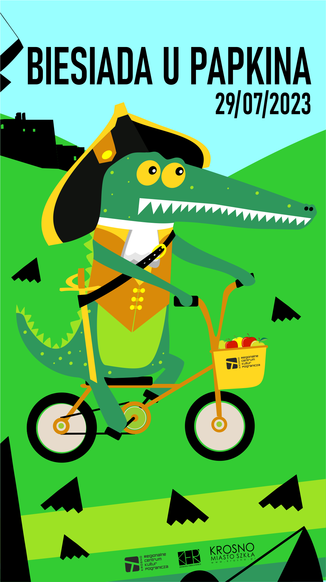 Plakat informujący o wydarzeniu Biesiada u Papkina. Data wydarzenia 29 lipca 2023 r. Na środku plakatu krokodyl jadący na rowerze. 