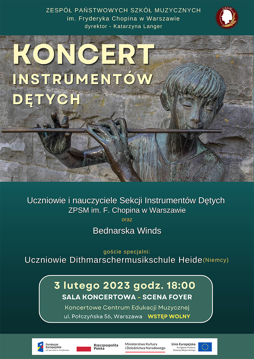 Grafika, na jej tle napis Koncert Instrumentów dętych - uczniowie i nauczyciele, godz. 18.00, 3.02.2023, Scena Foyer, wstęp wolny
