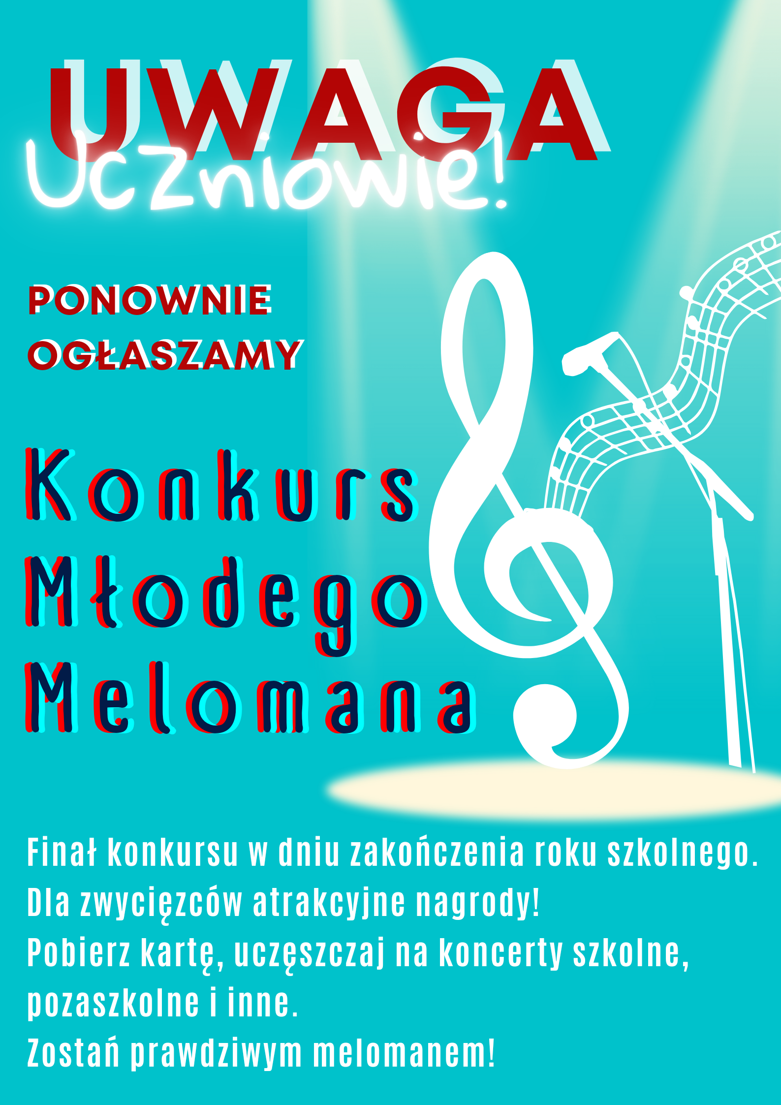 Plakat na niebieskim tle ze szczegółową informacją tekstową dot. konkursu melomana organizowanego w PSM I st. w Kłodzku