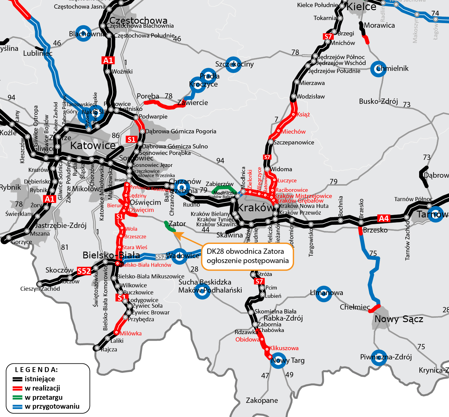 mapa przedstawiająca schematy dróg istniejących, budowanych i planowanych do wybudowania w województwach małopolskim i śląskim