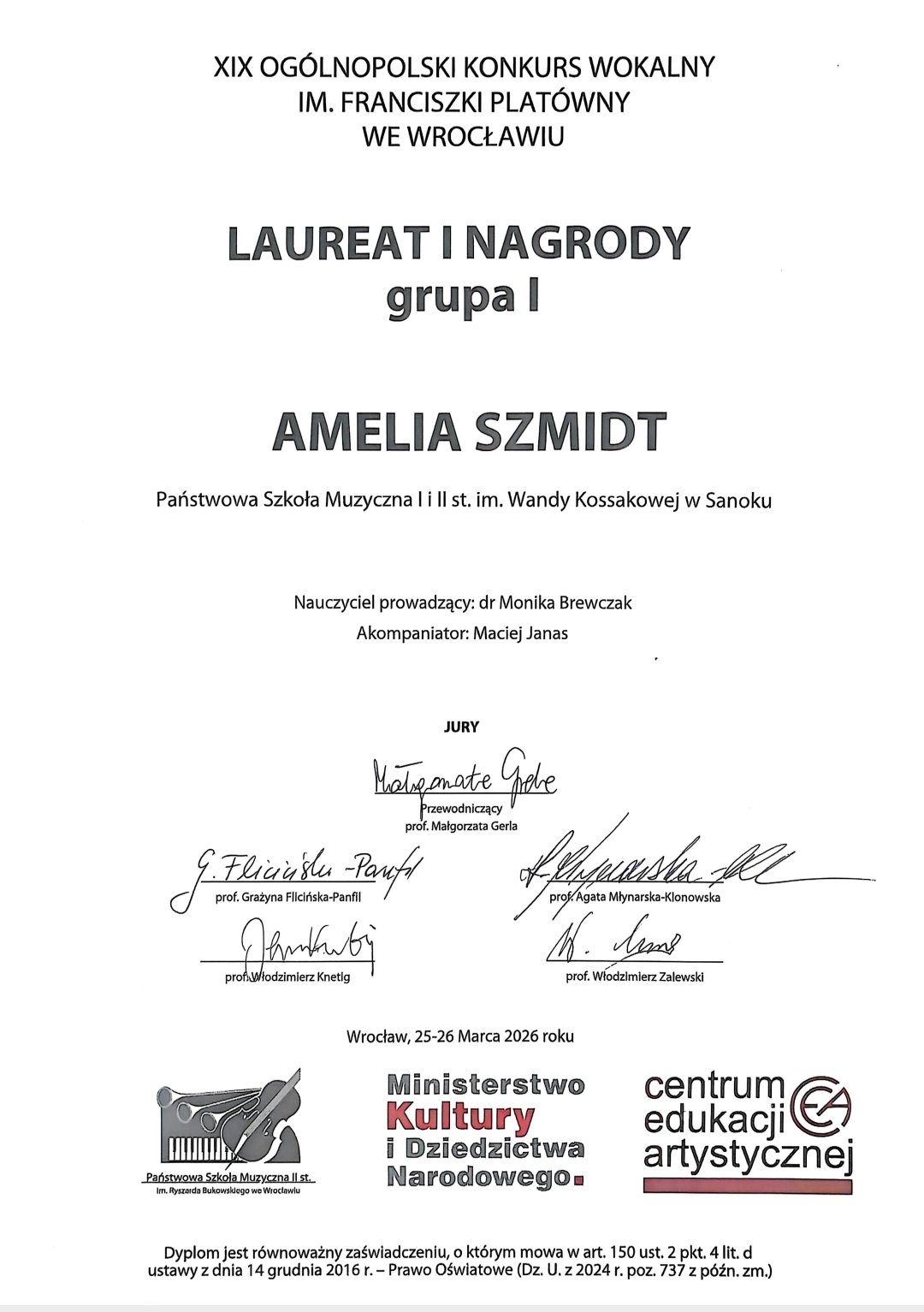 Dyplom za zajęcie I miejsca - Amelia Szmidt Konkurs Wokalny Wrocław 2026. Białe tło, czarne litery, na dole loga organizatorów