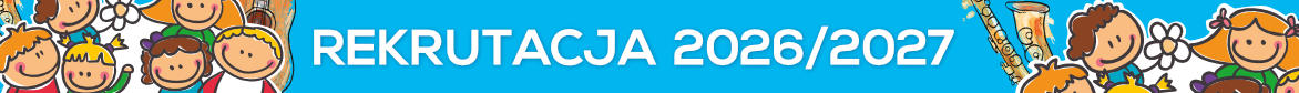 Grafika baner rekrutacyjny na niebieskim tle, z wizerunkiem dzieci oraz tekstem Rekrutacja 2026/27