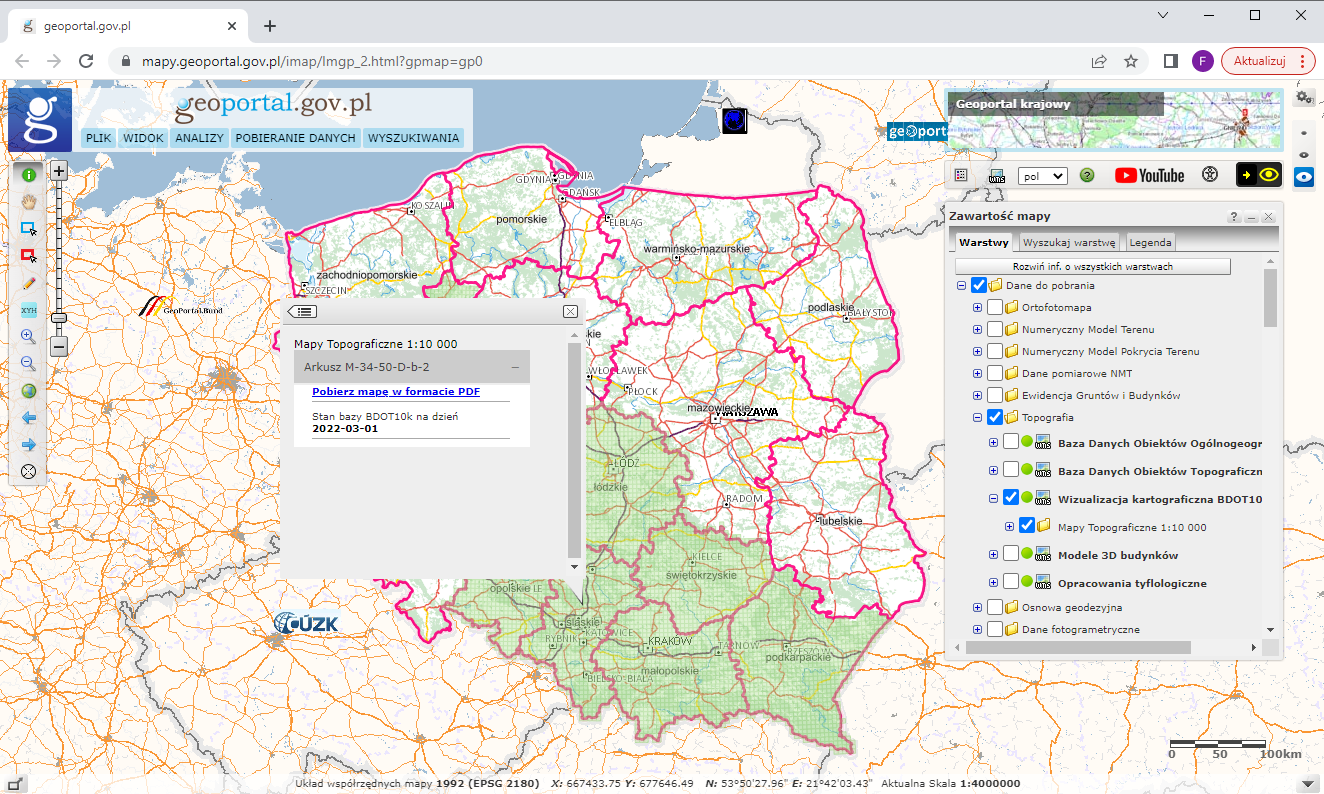 Ilustracja przedstawia zrzut ekranu z serwisu www.geoportal.gov.pl pokazujący w jaki sposób pobrać wizualizacje kartograficzne BDOT10k.