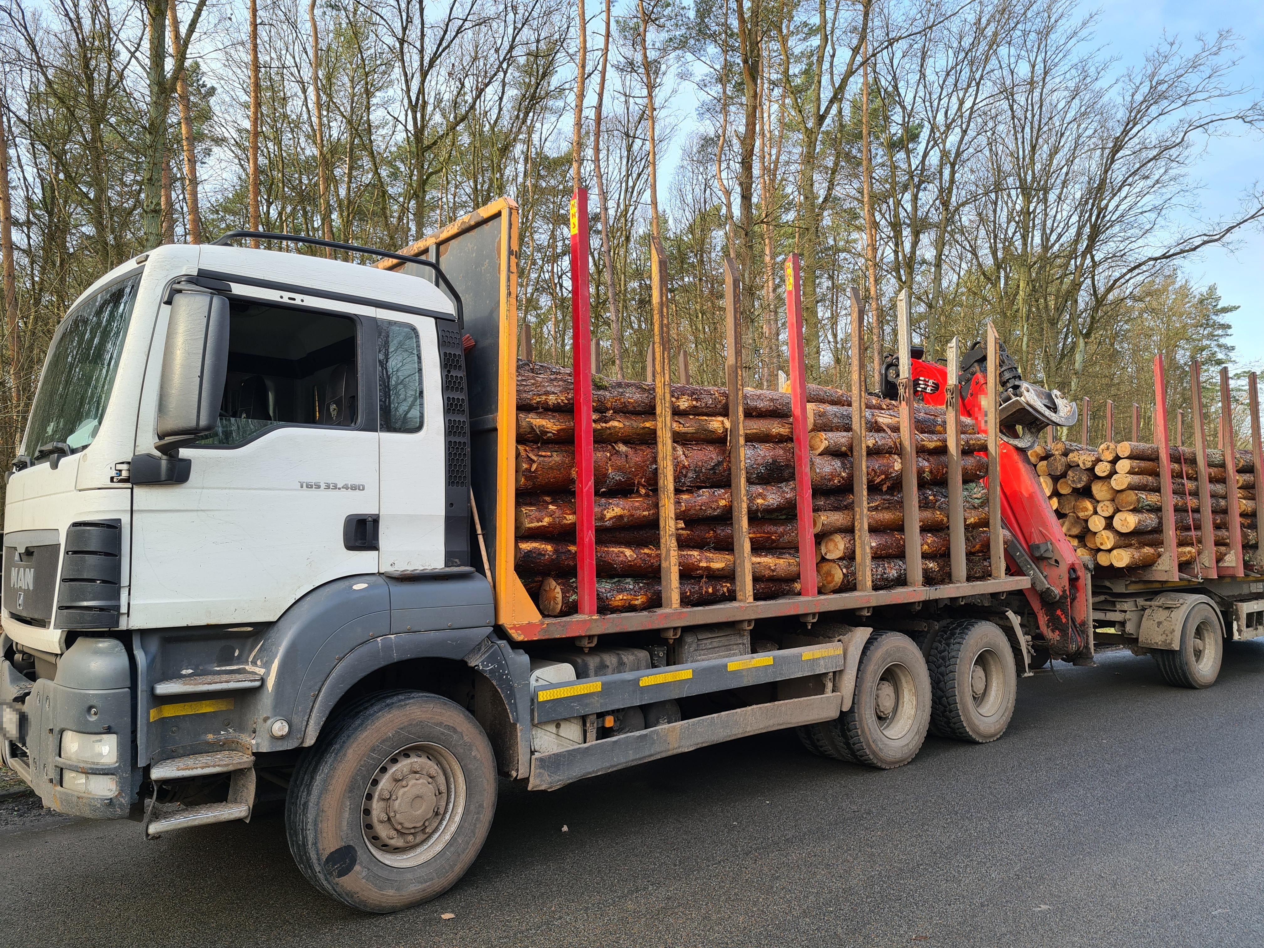 Ciężarówka z przyczepą przewożąca kłody drewna