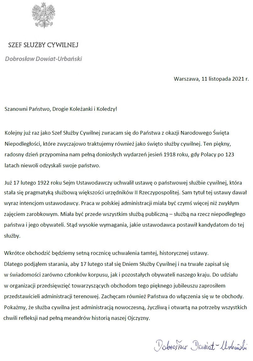 List Szefa Służby Cywilnej do członków korpusu służby cywilnej