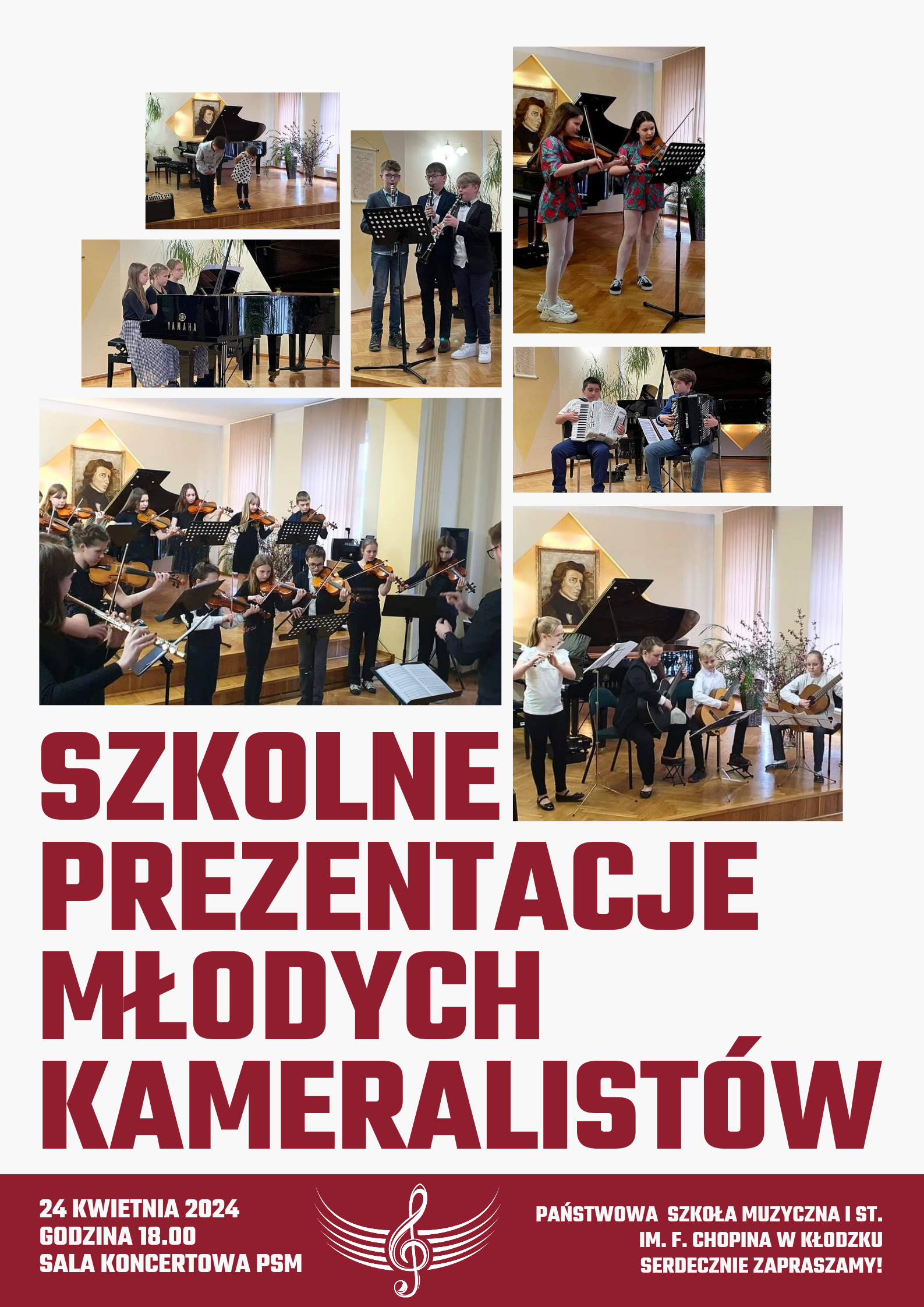 Plakat na białym tle ze zdjęciami grupy osób grających na różnych instrumentach oraz informacją tekstową dotyczącą koncertu "Szkolne Prezentacje Młodych Kameralistów", które odbędą się 24 kwietnia 2024 r. w auli PSM w Kłodzku