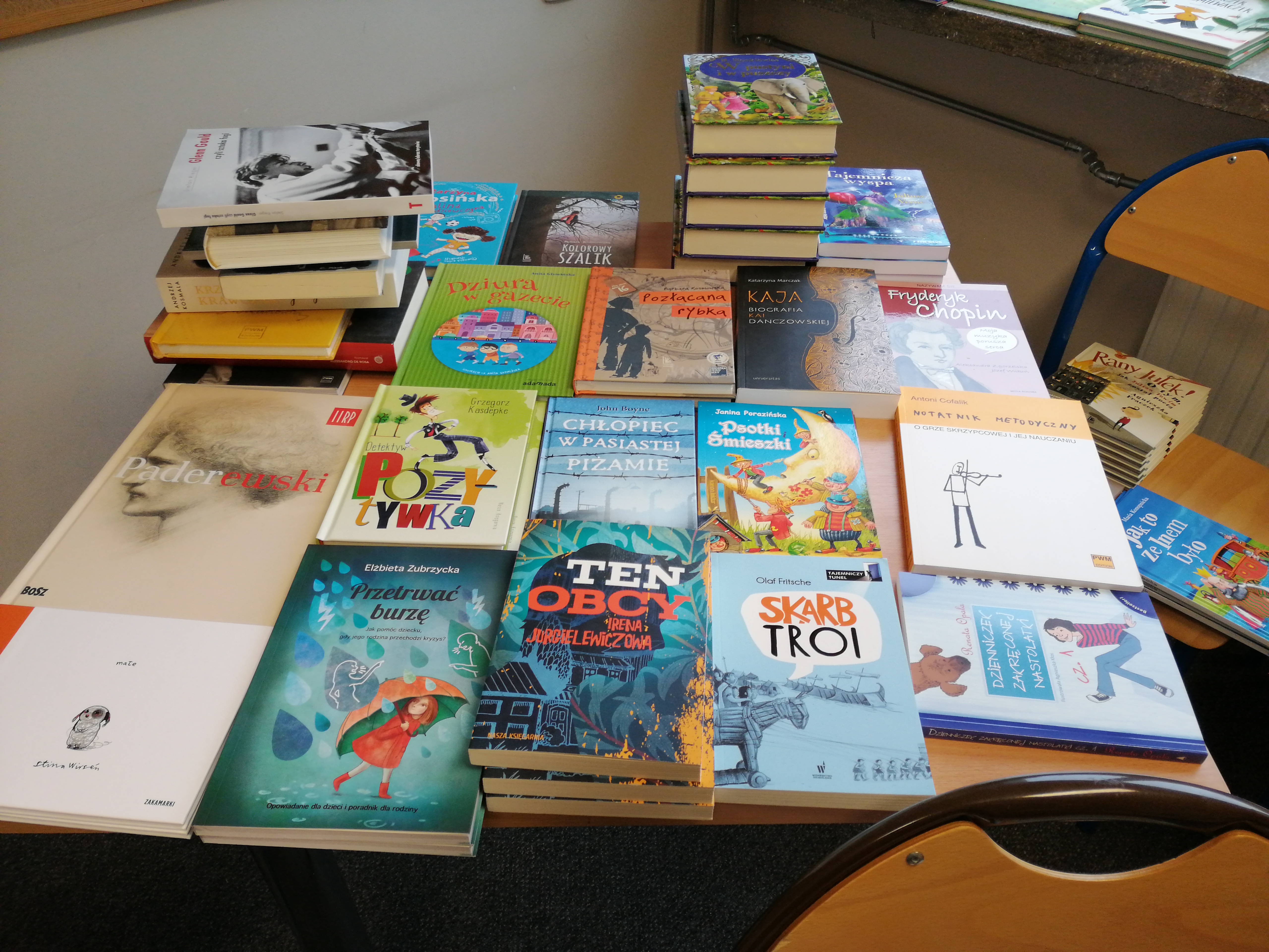 Książki dla dzieci z programu rozwoju czytelnictwa rozłożone na stoliku szkolnym