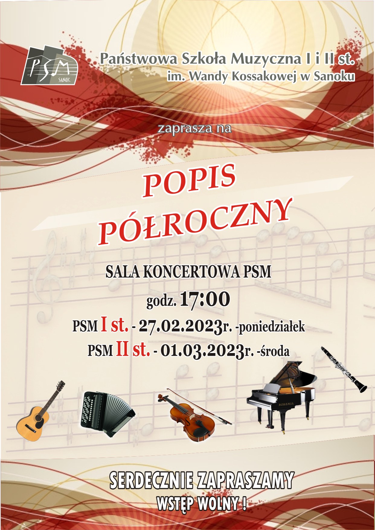 Plakat Popisu Półrocznego - sala koncertowa szkoły 27 lutego i 1 marca 2023. W tle nuty oraz instrumenty muzyczne na beżowym tle.
