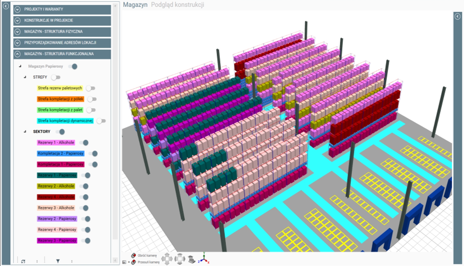 Visualization of the picking report. Computer diagram. The screen is divided into two parts. The first, narrower one, on the left, is a menu containing descriptions whose colors refer to the appropriate graphic elements located on the main part of the screen. Descriptions on the menu, arranged vertically. From the top, a block of five inactive gray tabs: projects and variants; structures in the project; warehouse - physical structure; site address assignment; warehouse - functional structure. Below is an expansion of the item: Cigarettes Magazine. Four zones are enumerated, each of them is marked with a different color, which corresponds to the graphic placed on the main part of the diagram: Pallet reserves zone (yellow color); picking area from shelves (orange); pallet picking area (green); dynamic picking zone (blue). Below is an expansion of the ten sectors of the warehouse, also with a variety of colors: reserves 1 - alcohol (purple); pick 2 - cigarettes (dark blue); picking 1 - cigarettes (pink); reserves 1 - cigarettes (green); reserves 2 - alcohols (yellow); reserves 4 - alcohols (red); reserves 3 - alcohols (pale pink); reserves 2 - cigarettes (plum); reserves 4 - cigarettes (pastel); reserves 3 - cigarettes (dark purple).