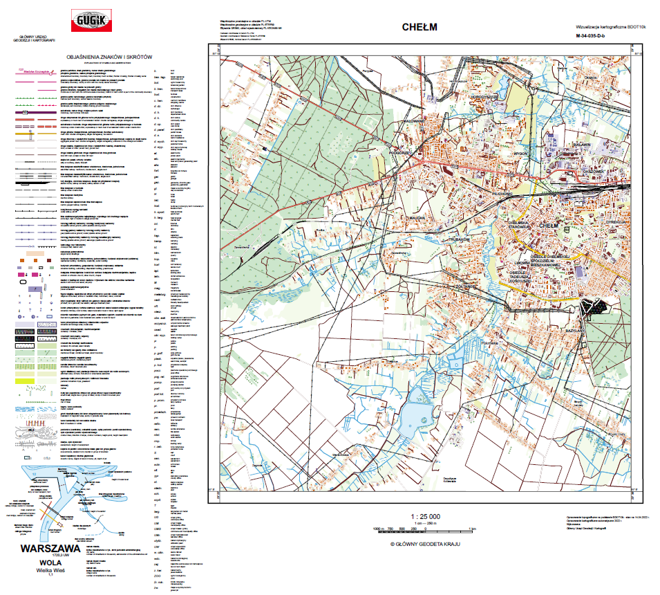 Ilustracja przedstawia przykładową wizualizację kartograficzną BDOT10k w skali 1:25000 dla miasta Chełm.