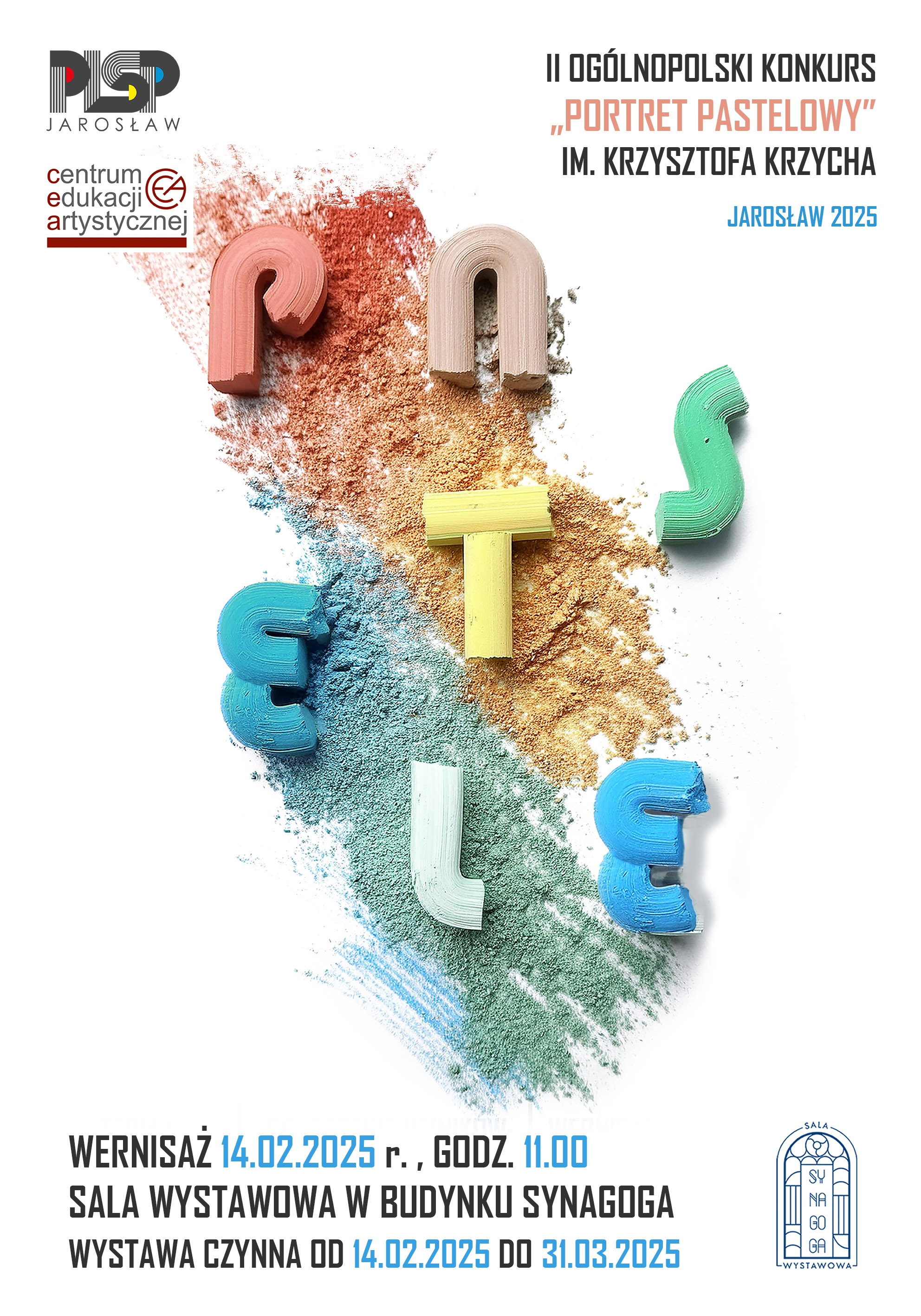 Grafika przedstawia plakat Ogólnopolskiego Konkursu „Portret Pastelowy” im. Krzysztofa Krzycha. Napis o tej treści jest umieszczony w górnym prawym rogu. W centralnej części plakatu na barwnych plamach w tle został umieszczony stylizowany wielobarwny napis PASTELE. W dolnej części plakatu znajduje się logo PLSP i CEA oraz informacje dotyczące daty otwarcia wstawy.