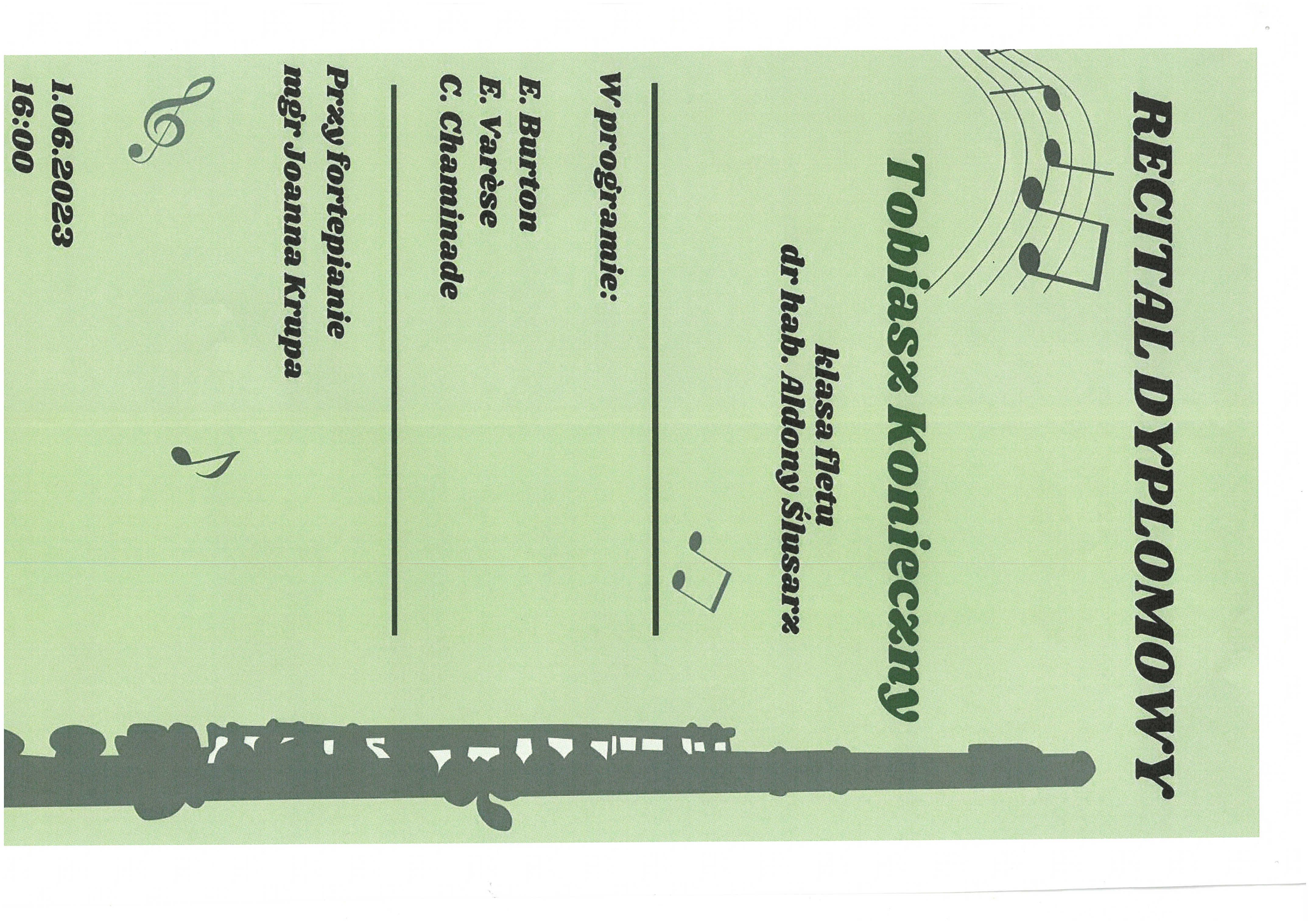 Plakat na Recital Dyplomowy Tobiasza Konieczny.