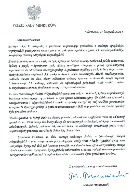 List Pezesa Rady Ministrów do członków korpusu służby cywilnej