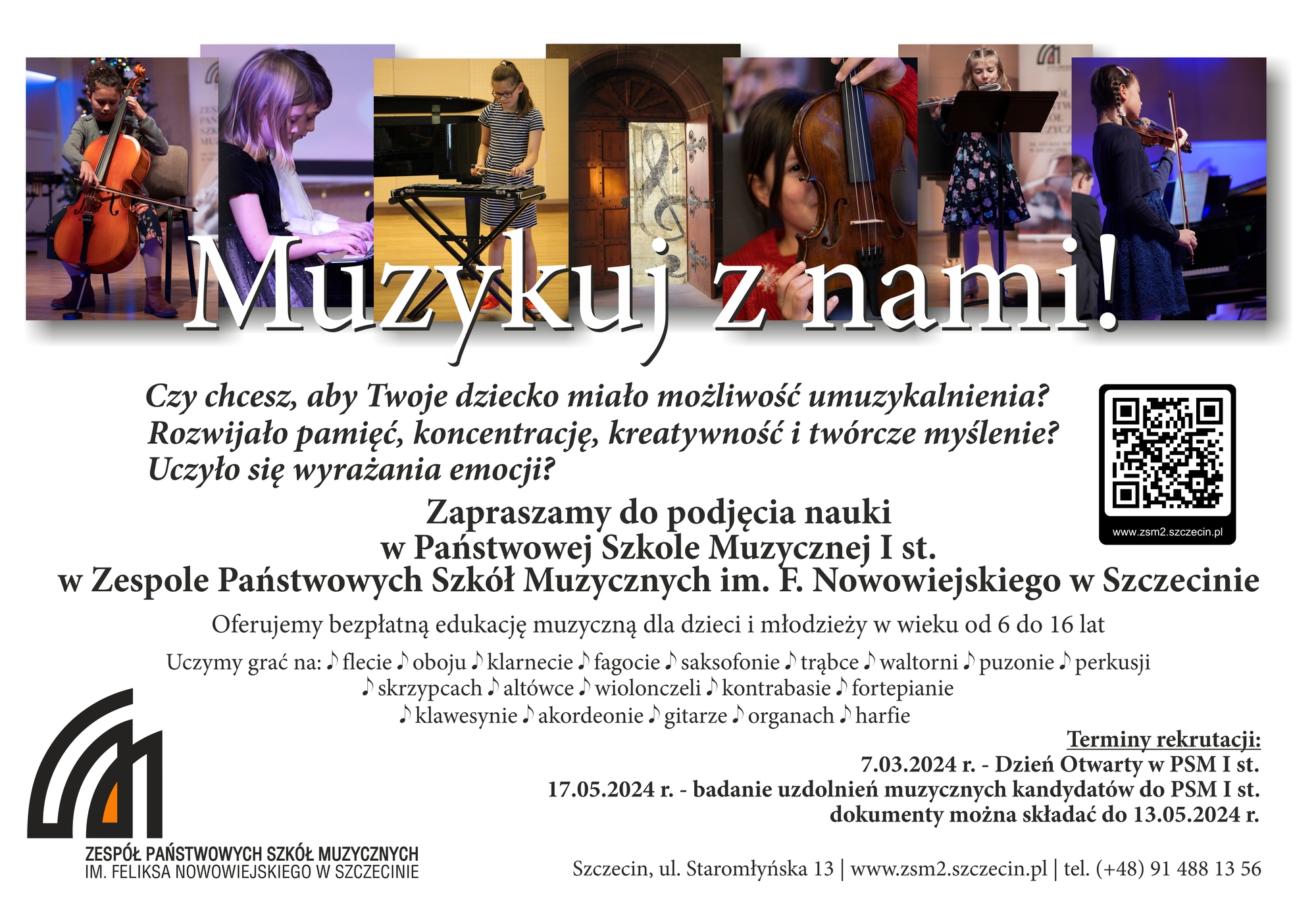 Plakat promujące Dzień otwartych drzwi w ZPSM w Szczecinie