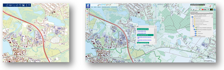 Ilustracja przedstawia zaktualizowany zbiór danych BDOT10k dla fragmentu powiatu ostródzkiego w PortaluBDOT10k oraz w usłudze Baza Danych Obiektów Topograficznych.