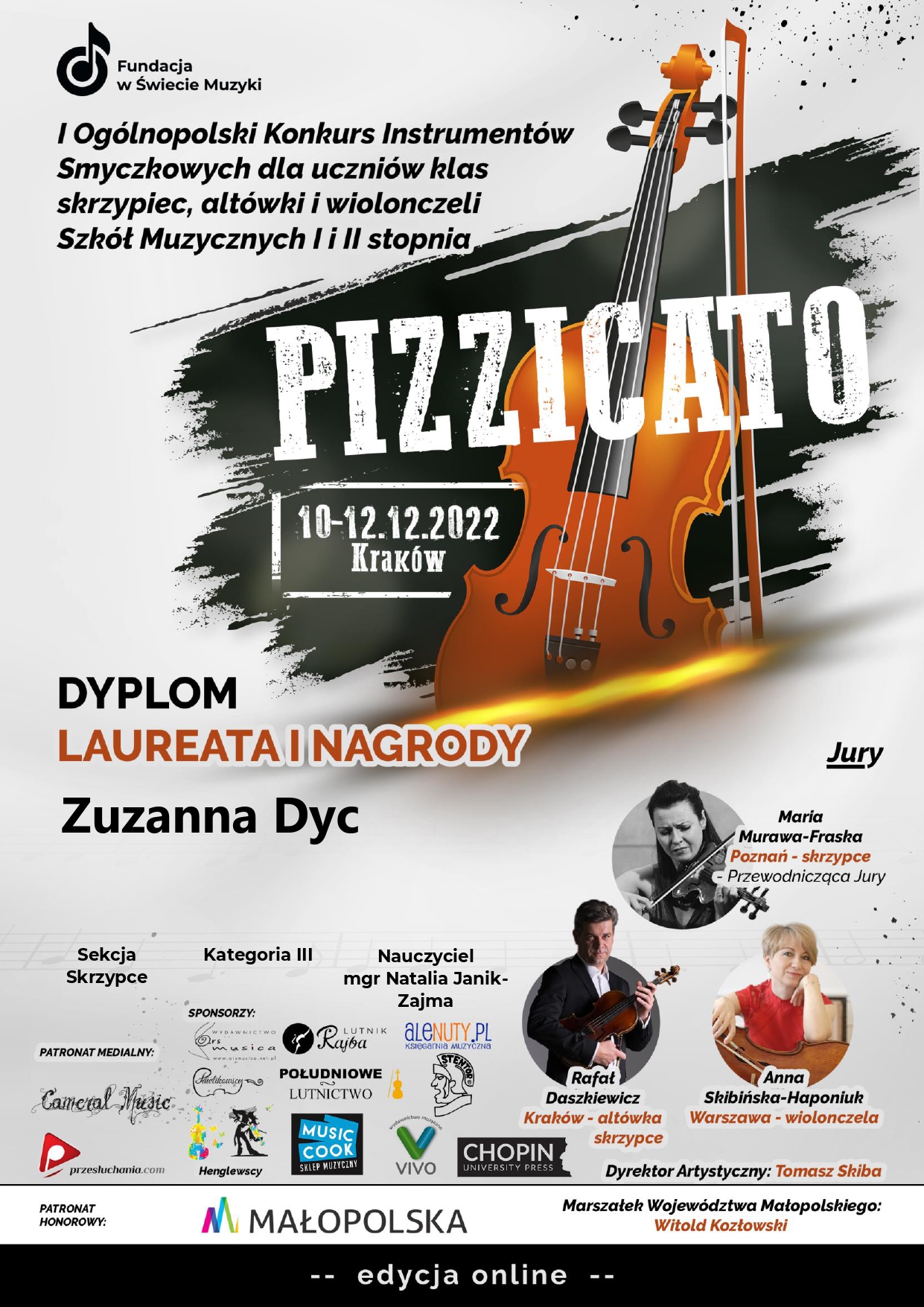 dyplom laureata I nagrody dla Zuzanny Dyc, w tle grafika skrzypiec