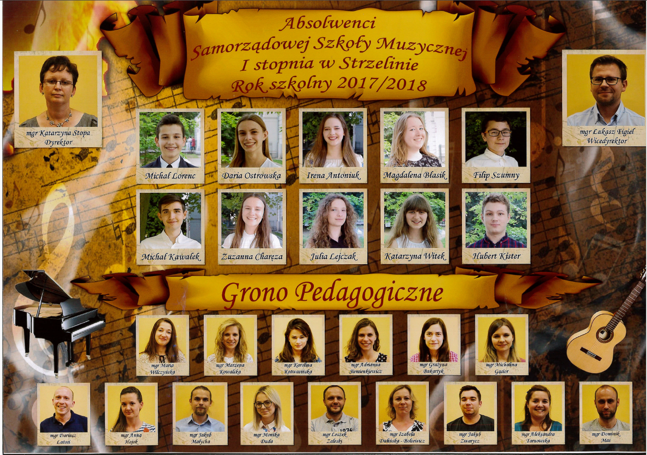 Na tle pięciolinii w jesiennych kolorach widoczne są zdjęcia absolwentów oraz nauczycieli.