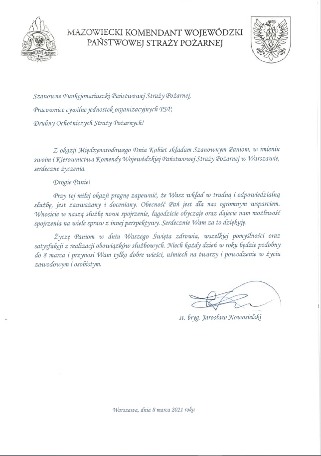 zdjęcie listu Mazowieckiego Komendanta Wojewódzkiego PSP