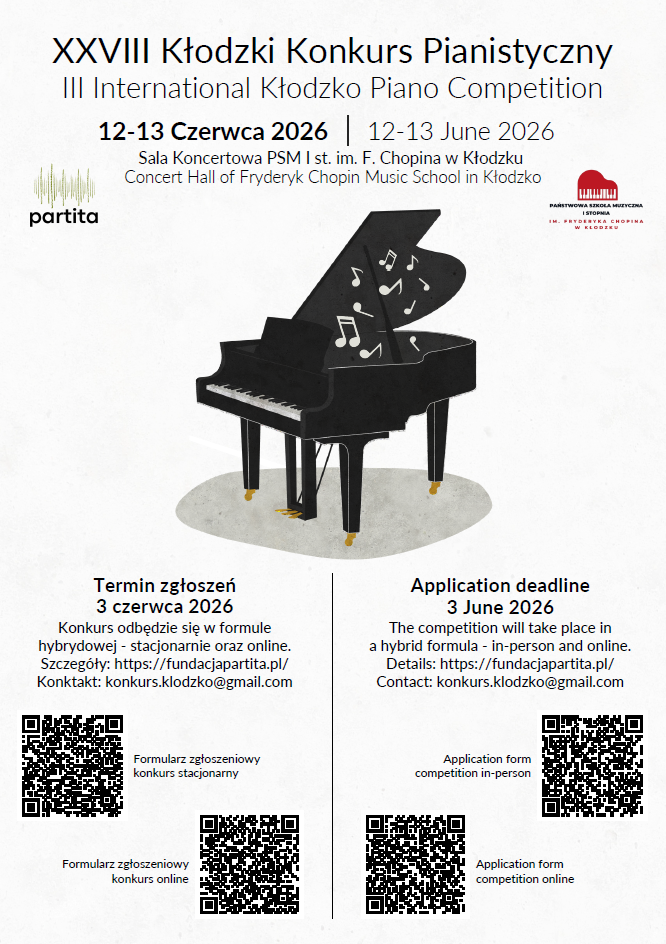 Plakat na białym tle z szczegółową informacją tekstową dotyczącą XXVIII Kłodzkiego Konkursu Pianistycznego, który odbędzie się 12-13 czerwca 2026 w psm I st. w Kłodzku