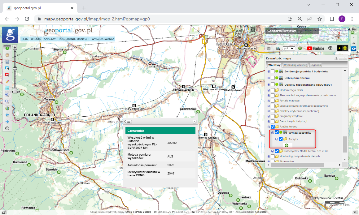 ilustracja przedstawia uslugę WMS "Wykaz szczytów" dostępną w serwisie www.geoportal.gov.pl