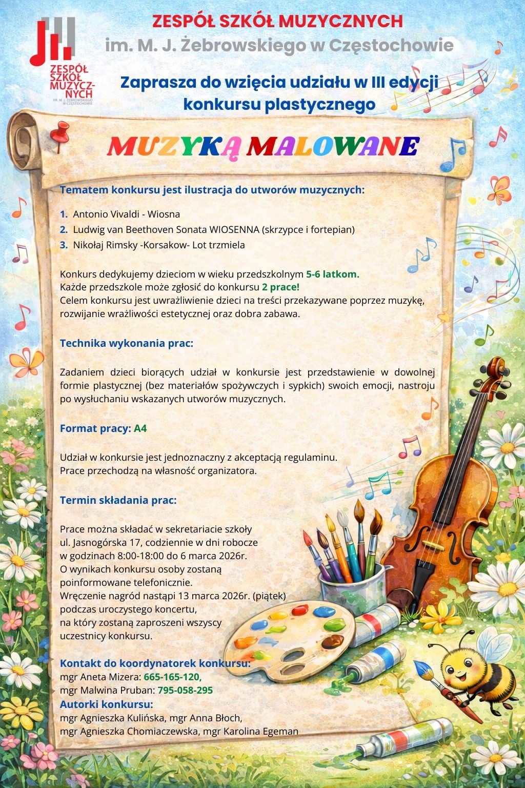 Tlo kolorowa grafika łąki, tekst dotyczący konkursu plastycznego