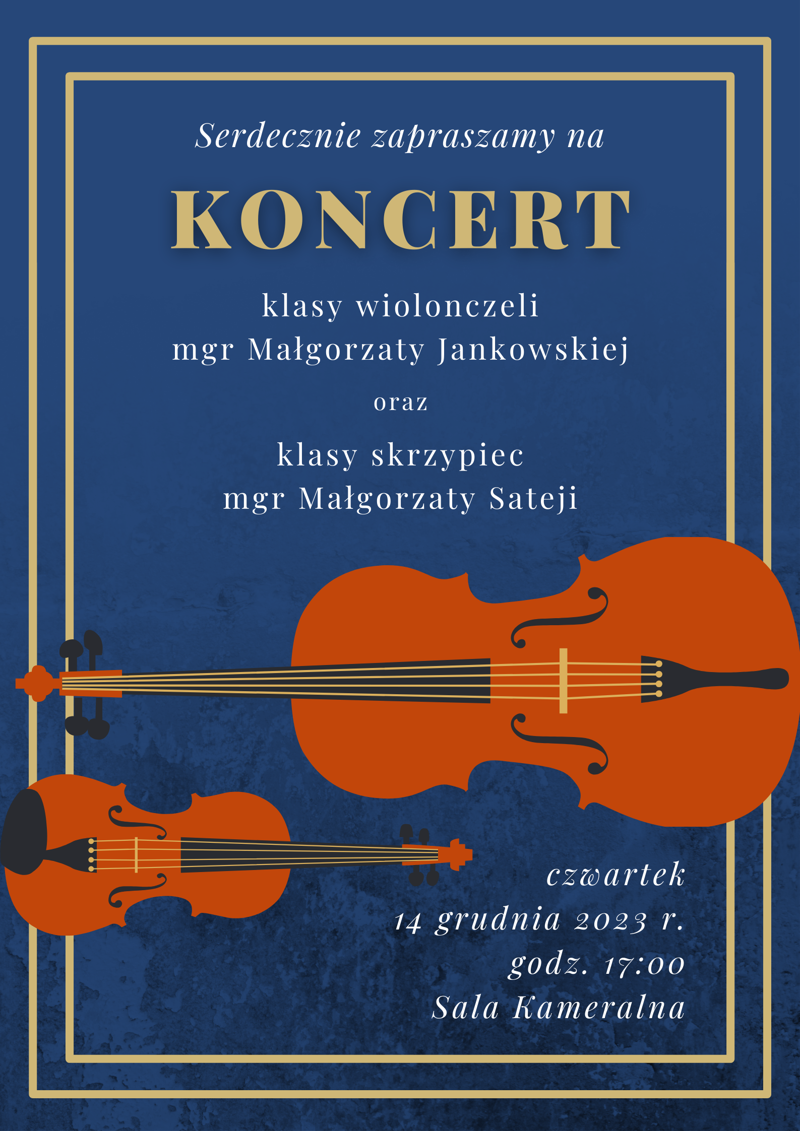 Plakat - koncert uczniów klasy wiolonczeli i skrzypiec