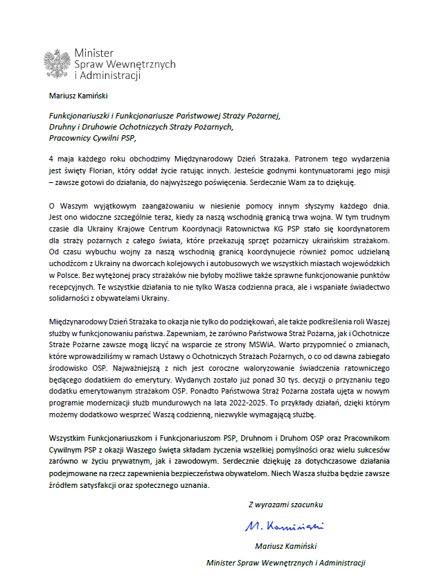 Grafika z treścią życzeń Ministra Spraw Wewnętrznych i Administracji z okazji Dnia Strażaka 2022