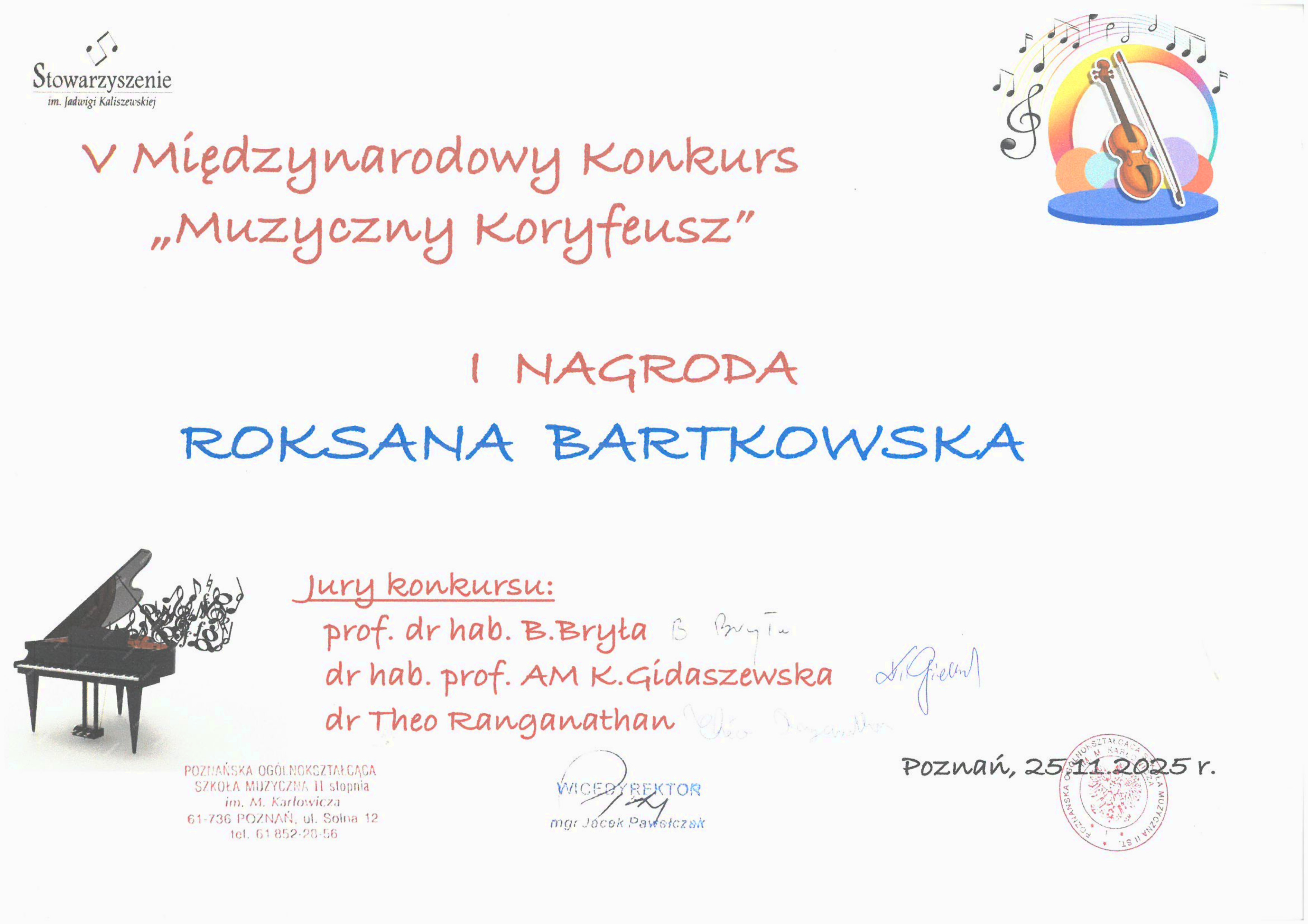  Dyplom R Bartkowska I nagroda w V Międzynarodowym Konkursie "Muzyczny Koryfeusz". Białe tło, czerwone i niebieskie litery, w roku logo konkursu