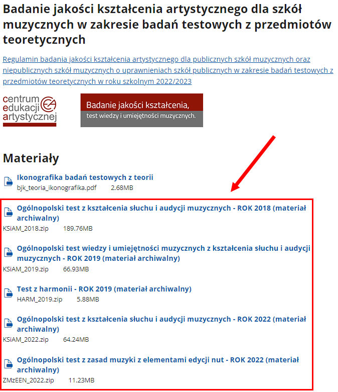 Zrzut ekranu fragmentu strony Badanie jakości kształcenia artystycznego dla szkół muzycznych w zakresie badań testowych z przedmiotów teoretycznych
