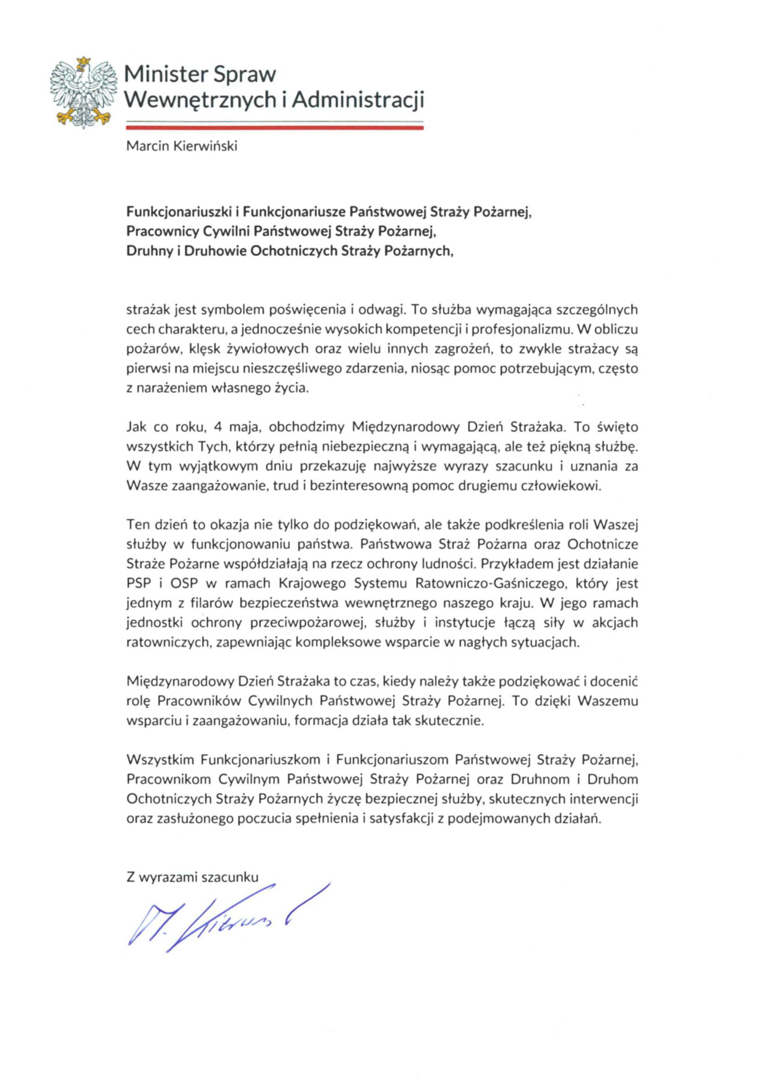 Życzenia Ministra Spraw Wewnętrznych i Administracji z okazji Dnia Strażaka