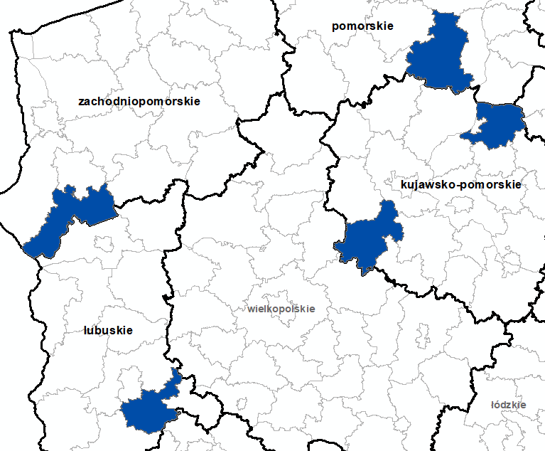 Ilustracja przedstawia obszary powiatów objętych aktualizacją zbiorów danych BDOT10k.