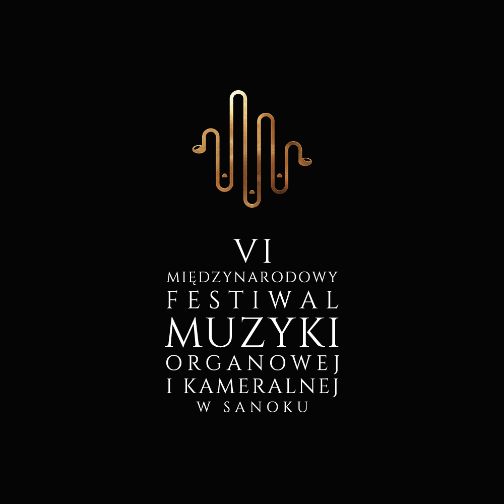 Logo VI Międzynarodowy Festiwal Muzyki Organowej i Kameralnej Sanok 2025. Białe litery, czarne tło
