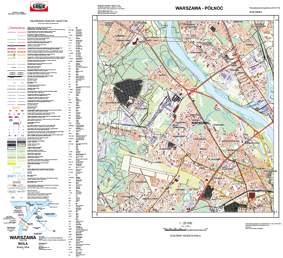 Ilustracja przedstawia przykładową wizualizację kartograficzną BDOT10k w skali 1:25000 dla miasta Warszawy.