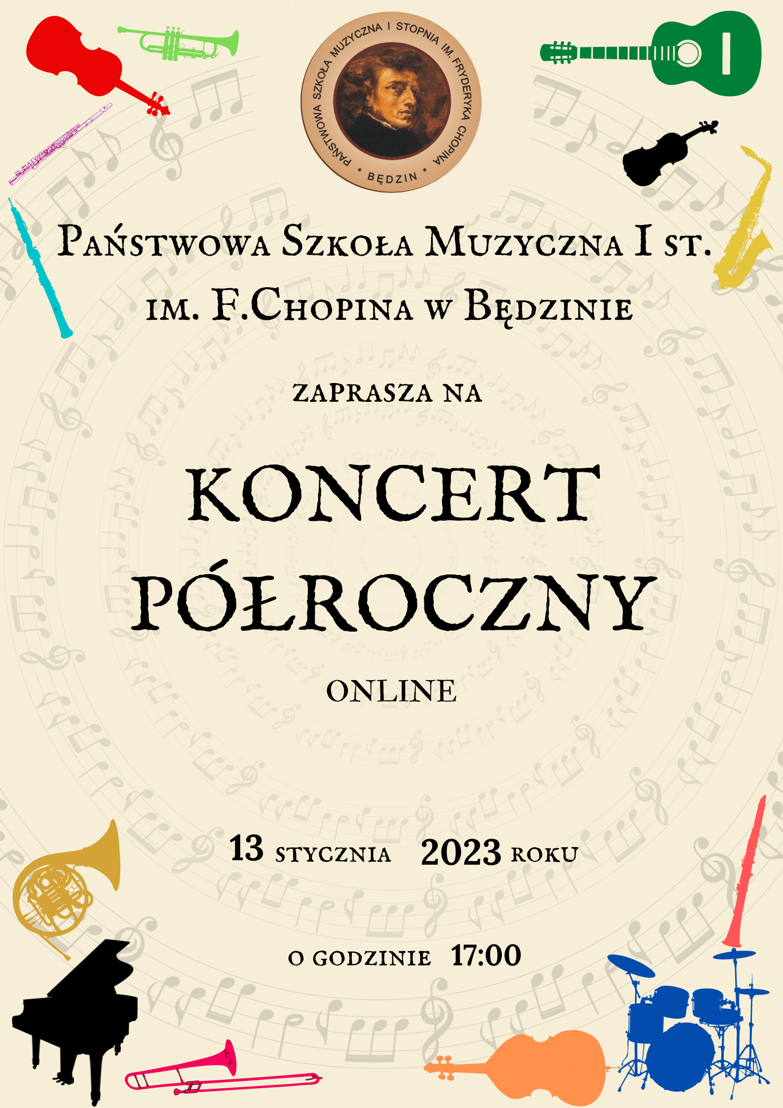 w górnej części plakatu znajduję się logo szkoły, w środkowej i dolnej części informacja na temat koncertu,plakat ma jasne tło, na którym znajdują się ikonografie różnych instrumentów.