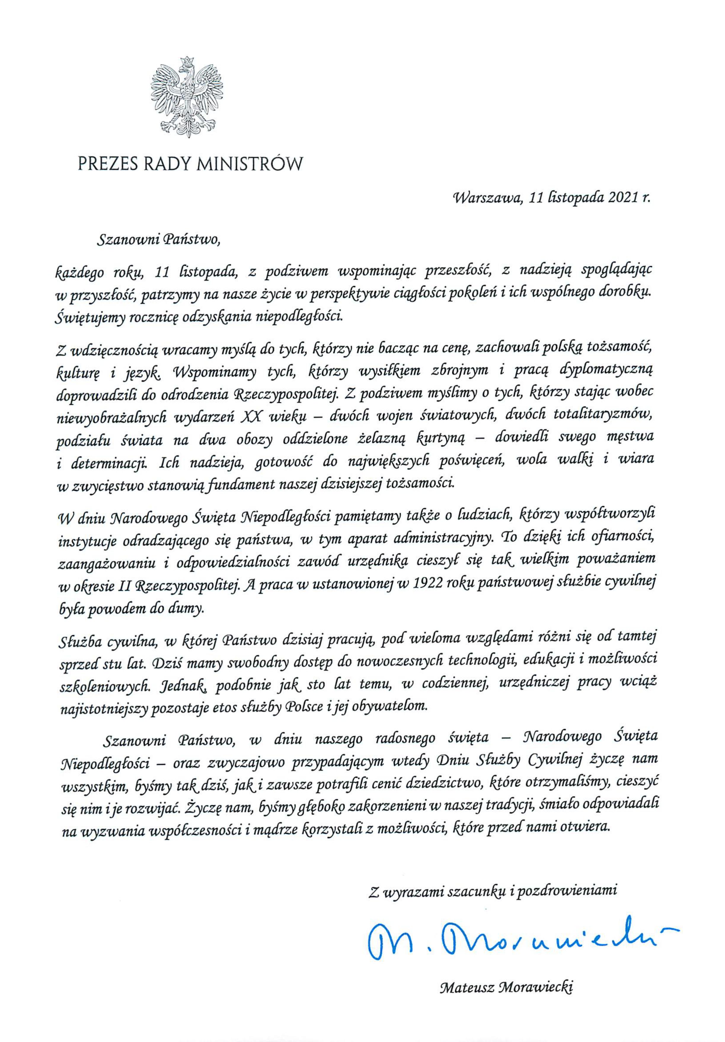 List Prezesa Rady Ministrów z okazji Narodowego Święta Niepodległości
