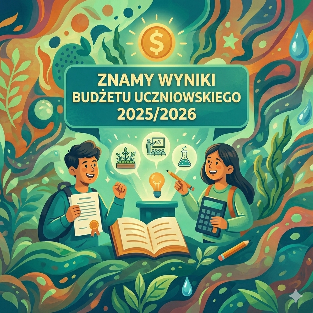 Kolorowa, surrealistyczna ilustracja przedstawiająca dwoje uśmiechniętych uczniów – chłopca z dyplomem i dziewczynkę z kalkulatorem – przy biurku z otwartą książką. Nad nimi znajduje się zielony baner z napisem: „ZNAMY WYNIKI BUDŻETU UCZNIOWSKIEGO 2025/2026”. Pomiędzy uczniami widnieje żarówka, z której wyłaniają się ikony symbolizujące projekty: rośliny, salę wykładową oraz probówkę. Całość otaczają fantazyjne, wielobarwne kształty przypominające roślinność i krople wody. 