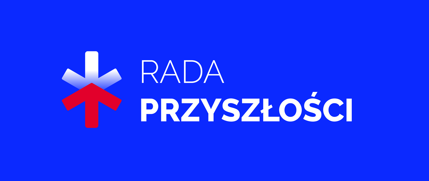 Na niebieskim tle po lewej stronie widać znak tj. złączone strzałki na górze białą z wektorem w dół i czerwoną z wektorem w górę a po prawej stronie napis wersalikami RADA PRZYSZŁOŚCI