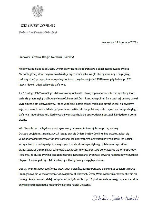 List Szefa Służby Cywilnej